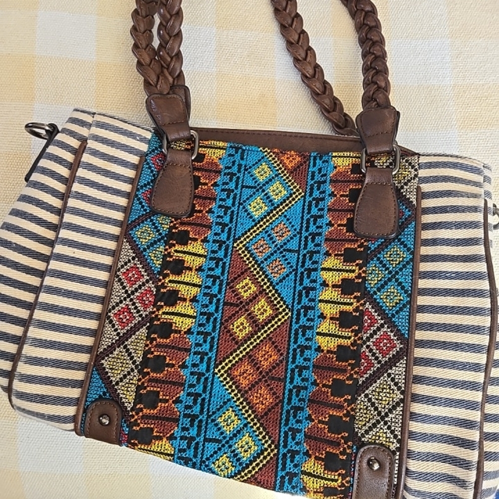 MMS Design Studio Brown Tote with Blue and Yellow Embroidered Panel